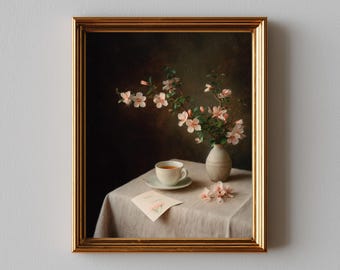 Vintage Spring Still Life with Blossoms - Printable Classic Floral Art, Moody Neutral Decor, Cozy Cottagecore Mother's Day Gift 680