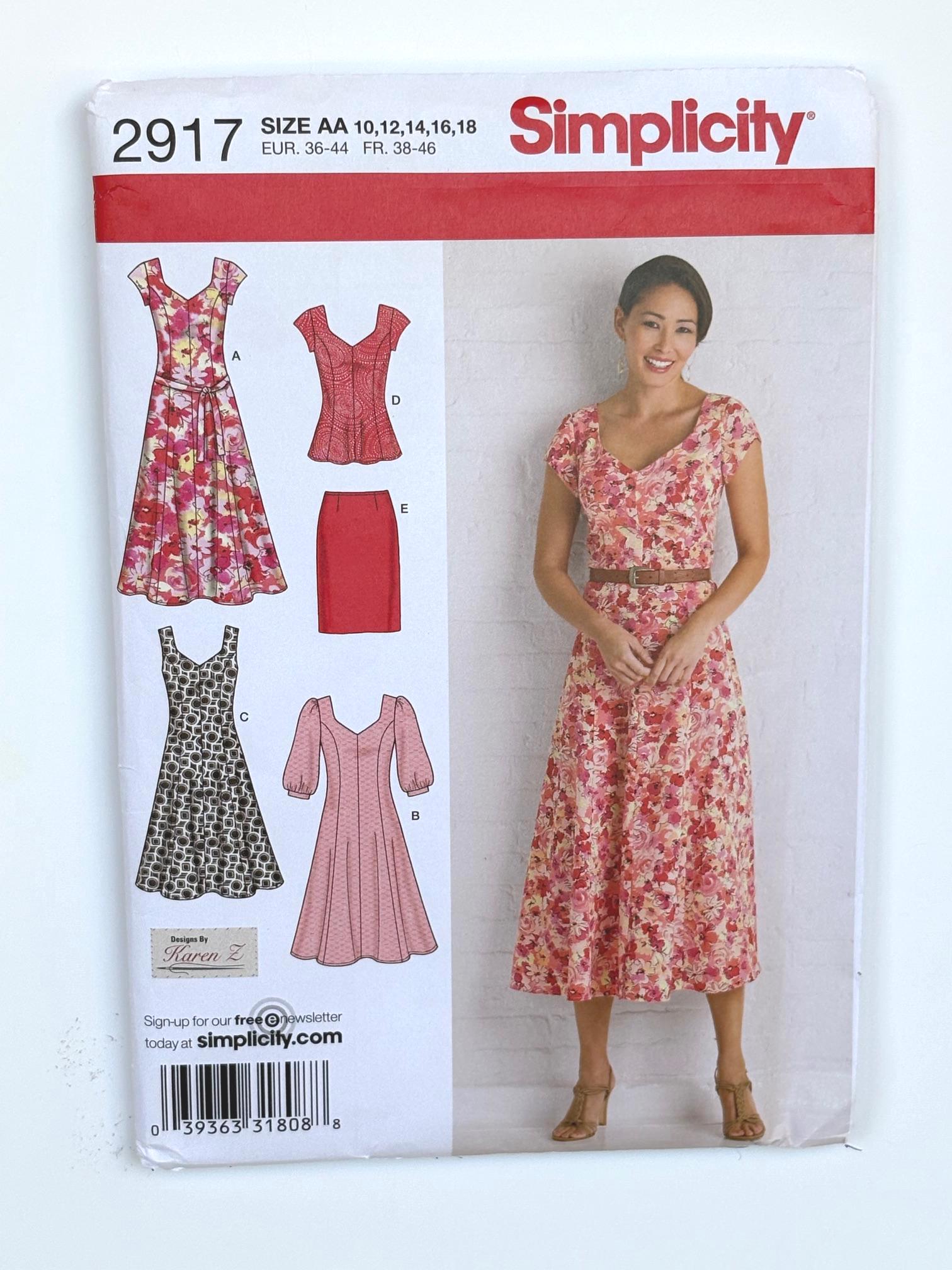 Patrón de costura de papel Simplicity 2917 para vestido, top y falda de verano fáciles de usar, tallas 10, 12, 14, 16 y 18, sin cortar y doblado de fábrica.