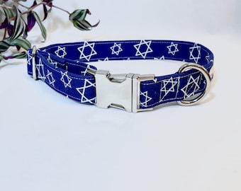 Blue Dog Collar · Hanukkah Dog Collar · Jewish Dog Collar · Silver Hardware · Star of David · Hanukkah Collar · Holiday Dog Collar