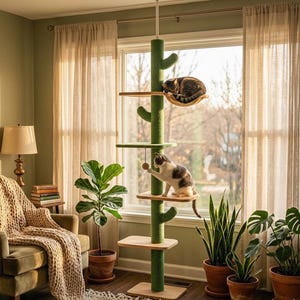 Puede incluir: Un árbol para gatos verde con múltiples plataformas y un diseño similar a un cactus. Hay dos gatos presentes, uno descansando en una hamaca y el otro jugando con un juguete colgante. El árbol para gatos está en una habitación con plantas y luz natural.