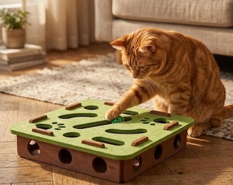 Interactive Wooden Cat Toy Puzzle - Whack-A-Mole Game for Indoor Cats