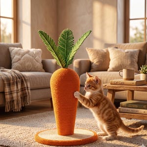 May include: An orange cat scratches at an orange carrot-shaped cat scratcher with green leaves. The scratcher sits on a round, woven base. The background includes a living room with a couch, coffee table, and a window.