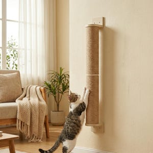 Puede incluir: Un rascador de pared para gatos hecho de cuerda de sisal natural. El poste beige es cilíndrico y se fija a la pared con soportes de madera. Se muestra a un gato atigrado rascando el poste. El poste está diseñado para proporcionar un lugar para que los gatos rasquen y hagan ejercicio.