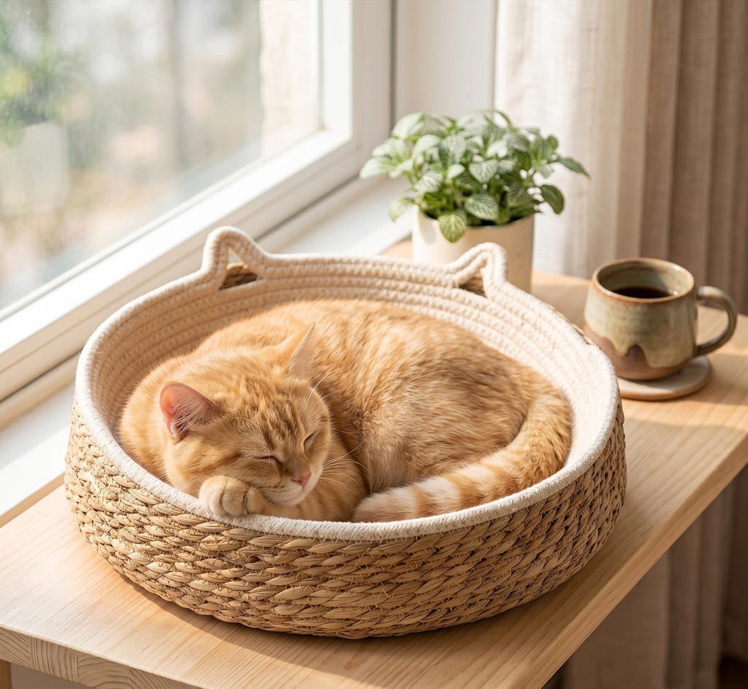 Woven Sisal Cat Scratching Bed – Round Boho Nest With Cat Ear - Etsy