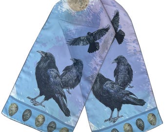 Raven Print Scarf - Silk Chiffon (10x45 in)