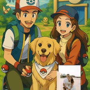 May include: An animated illustration featuring two people and a golden retriever dog. The people are wearing hats and backpacks, and the dog has a bandana. The background includes cartoon butterflies, birds, and a building with a Pok&eacute; Ball logo.
