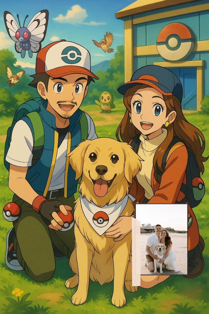 May include: An animated illustration featuring two people and a golden retriever dog. The people are wearing hats and backpacks, and the dog has a bandana. The background includes cartoon butterflies, birds, and a building with a Pok&eacute; Ball logo.