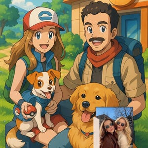 May include: An animated illustration of a family with two dogs and a house in the background. The family includes a woman wearing a red and white cap, a man with a mustache, and two dogs. One dog is wearing a blue vest with a Pokeball.