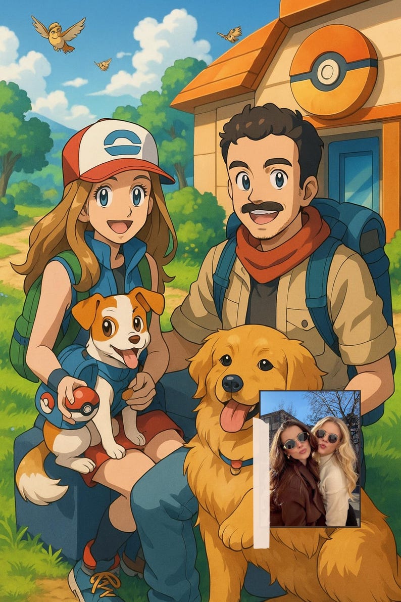 May include: An animated illustration of a family with two dogs and a house in the background. The family includes a woman wearing a red and white cap, a man with a mustache, and two dogs. One dog is wearing a blue vest with a Pokeball.
