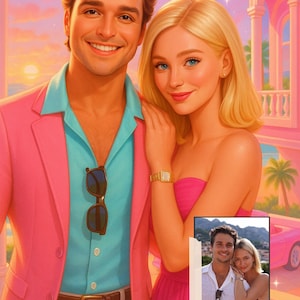 Puede incluir: Ilustración digital de una pareja sonriente en un esquema de color rosa y azul. El hombre lleva una blazer rosa sobre una camisa azul y gafas de sol. La mujer lleva un vestido rosa y un reloj de oro. Una imagen más pequeña está en la parte inferior derecha.