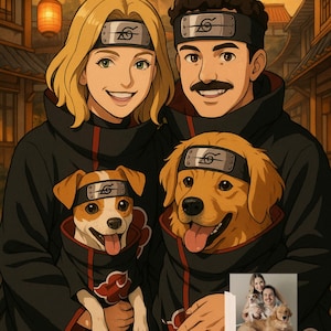 May include: Digital illustration of a family with two dogs, all dressed in black cloaks with red cloud designs. The people and dogs wear headbands with a symbol. The background features a mountain carving and Japanese-style buildings.