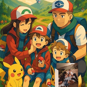 Puede incluir: Ilustración de una familia al aire libre, con dos adultos y dos niños que llevan gorras rojas y blancas y sostienen Poké Balls. Un Pikachu amarillo y un Eevee marrón también están presentes en esta escena.