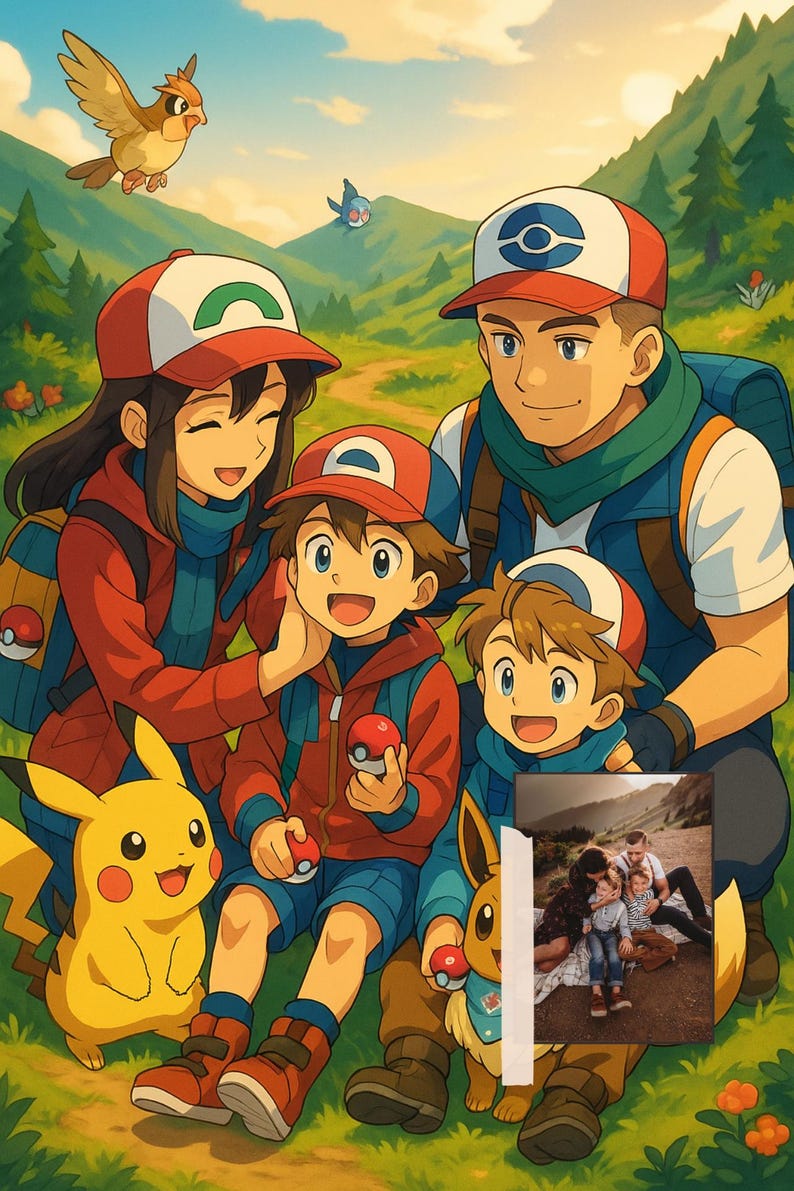May include: An animated family portrait set in a scenic outdoor environment. The group includes two adults and two children, all wearing matching red and white caps and holding Pok&eacute; Balls. A yellow Pikachu and a brown Eevee are also present.