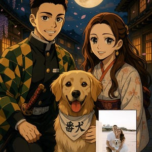 Puede incluir: Ilustración estilo anime de una pareja con un perro golden retriever. El perro lleva un pañuelo con texto japonés. El fondo presenta una luna llena, edificios y pétalos rosas cayendo. Se inserta una foto más pequeña.