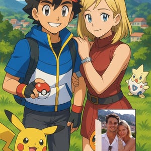 May include: An animated image featuring two people, a man and a woman, with several cartoon characters. The man wears a blue jacket, a red and white hat, and holds a red and white ball. The woman wears a red dress. A yellow Pikachu is in the foreground.