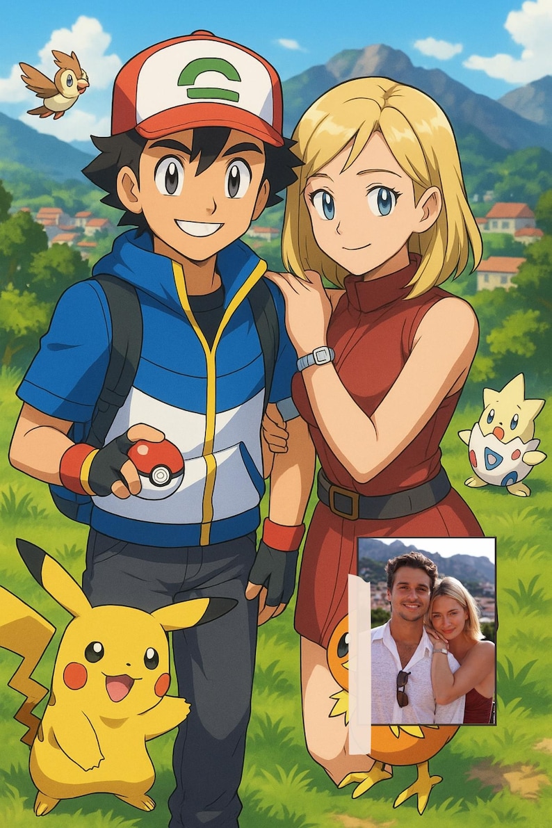May include: An animated image featuring two people, a man and a woman, with several cartoon characters. The man wears a blue jacket, a red and white hat, and holds a red and white ball. The woman wears a red dress. A yellow Pikachu is in the foreground.
