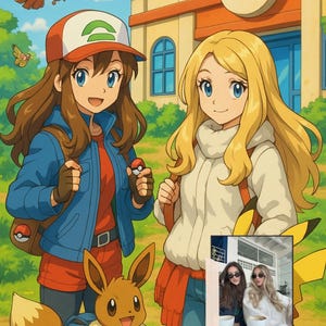 May include: An animated illustration featuring two young women and an Eevee character from the Pok&eacute;mon franchise. One woman wears a red and white cap and blue jacket. The other wears a white sweater. A building with a Pok&eacute; Ball logo is in the background.