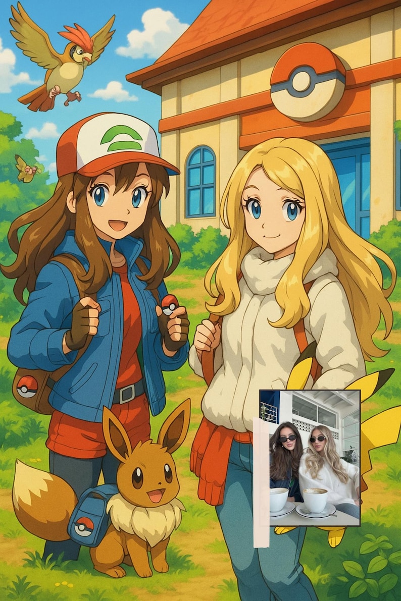 May include: An animated illustration featuring two young women and an Eevee character from the Pok&eacute;mon franchise. One woman wears a red and white cap and blue jacket. The other wears a white sweater. A building with a Pok&eacute; Ball logo is in the background.