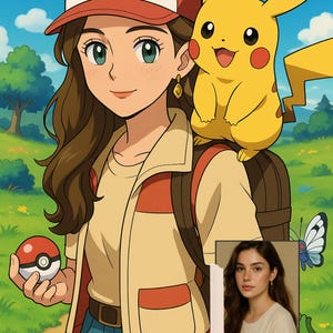 May include: An illustration of a woman with brown hair wearing a red and white cap, tan jacket, and backpack, holding a red and white Pok&eacute; Ball. A yellow Pikachu sits on her shoulder. A Bulbasaur and butterfly are also in the image.