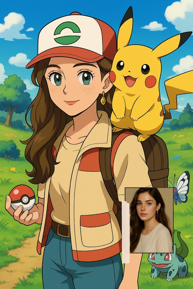 May include: An illustration of a woman with brown hair wearing a red and white cap, tan jacket, and backpack, holding a red and white Pok&eacute; Ball. A yellow Pikachu sits on her shoulder. A Bulbasaur and butterfly are also in the image.