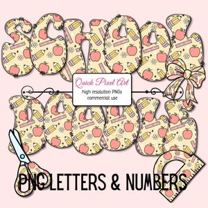 Back-to-School Pattern Doodle Alphabet | Cute School Supply Clipart A-Z a-z 0-9 & Symbols | Teacher Letter PNGs | 300 DPI | 12x12 in
