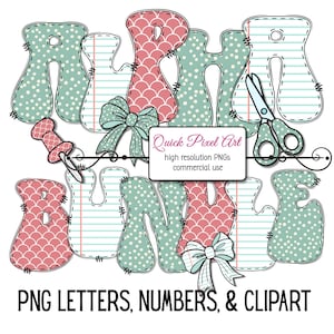 Back to School Doodle Alphabet & Clipart Bundle | PNG Letters, Numbers and Symbols | Binder Paper, Scallop and Polka Dot Patterns