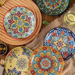 Boho-Keramikteller-Set – 6-teiliges handbemaltes Unterglasur-Teller-Set | Vintage-Miniteller im Bohème-Stil für Obst, kalte Speisen und maritime Dekoration