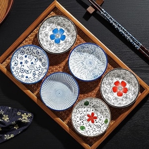 Set van 6 Japanse keramische mini-bordjes – Vintage schaaltjes voor sushi, sashimi, sojasaus en snacks – Decoratieve aardewerk dessertbordjes