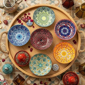 Puede incluir: Una bandeja de madera con asas de cuerda contiene varios cuencos decorativos y pequeños platos con tapa. Los cuencos presentan intrincados diseños de mandala en varios colores, incluyendo azul, rojo y amarillo. También hay una tetera plateada y faroles decorativos.