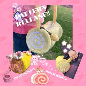 May include: Crocheted yellow and white swirl-patterned bags with long straps. The bags are in the shape of a swiss roll cake. The text "PATTERN RELEASE!!" is in white letters. The background is pink with hearts and stars.