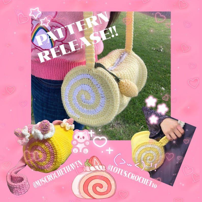 May include: Crocheted yellow and white swirl-patterned bags with long straps. The bags are in the shape of a swiss roll cake. The text "PATTERN RELEASE!!" is in white letters. The background is pink with hearts and stars.