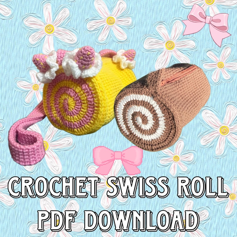May include: A crocheted Swiss roll purse and a Swiss roll-shaped zippered pouch. The purse is yellow with pink and white details, and a pink strap. The pouch is brown with a white spiral design. The background is light blue with white flowers and pink bows.
