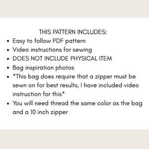 May include: A white paper with black text detailing a sewing pattern's contents. It mentions a PDF pattern, video instructions, bag inspiration photos, and the need for a 25.4 cm zipper.