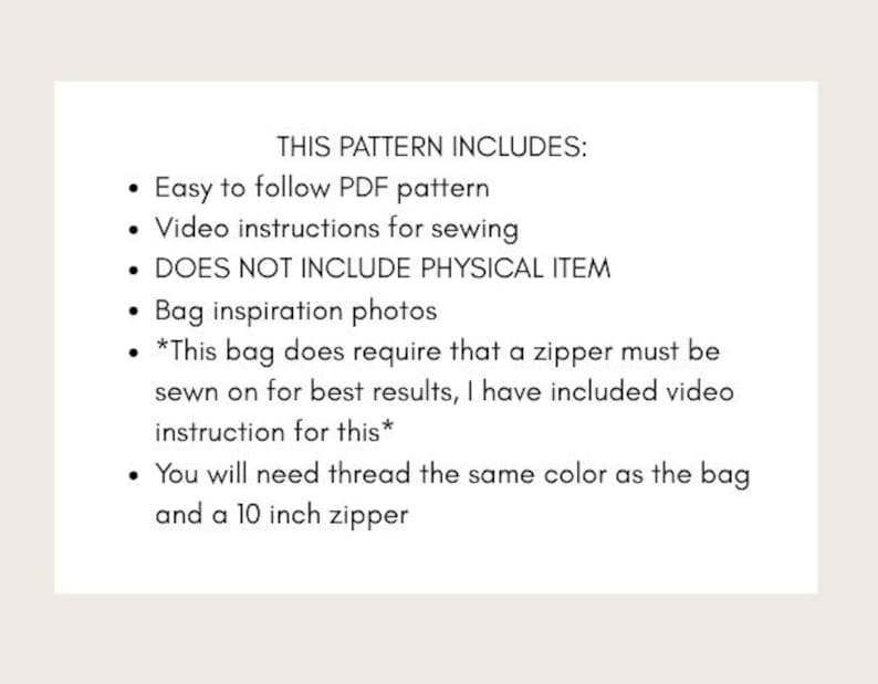 May include: A white paper with black text detailing a sewing pattern's contents. It mentions a PDF pattern, video instructions, bag inspiration photos, and the need for a 25.4 cm zipper.