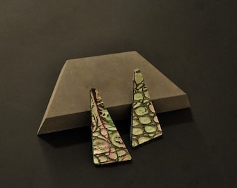 Two-toned green and pink, iridescent triangle earrings