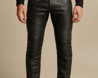 Handmade Black Leather Biker Pants: Slim Fit Quilted Motorcycle Trousers