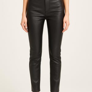 Handmade Women’s High-Waisted Black Leather Pants | Slim Fit Vegan Leather Trousers | Stylish Streetwear for All Seasons