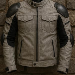 Handmade Grey Leather Motorcycle Jacket with  Pads | Biker Riding Gear for Men | Rugged Protective Jacket | Vintage Street Style Racing