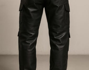 Handmade Men’s Leather Cargo Pants | Utility Multi-Pocket Biker Trousers | Zippered Streetwear | Soft Vegan Leather