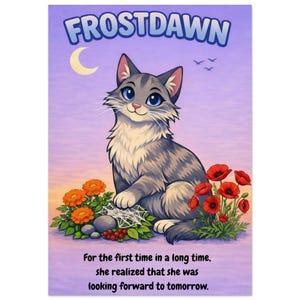 Puede incluir: Ilustración de un gato gris con ojos azules, rodeado de flores naranjas y amapolas rojas. La obra de arte incluye el texto "FROSTDAWN" y una cita: "Por primera vez en mucho tiempo, se dio cuenta de que esperaba con ansias el mañana."