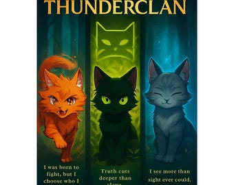 Poster artistico Warriors - Arte del clan del tuono Lionblaze, Hollyleaf e Jayfeather - Colori vivaci ed eco-compatibili