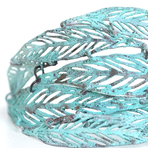 Leaf verdigris bracelet, wide delicate cuff