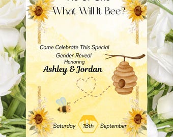 Invitation What Will It Bee Gender Reveal : thème bourdon tournesol (téléchargement numérique modèle canva