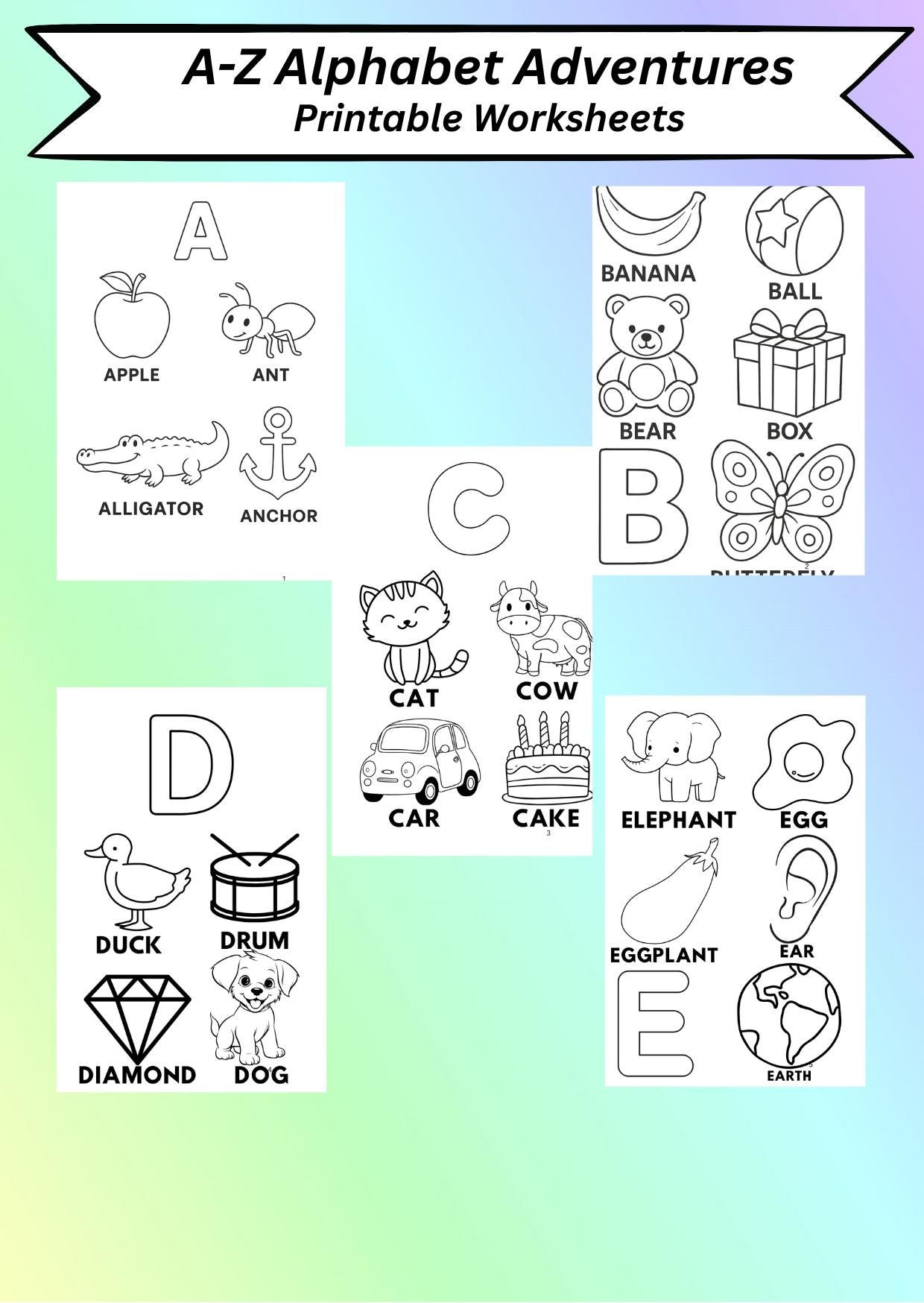 Coloriages de l'alphabet, feuilles de calcul ABC, tableaux pour enfants d'âge préscolaire, cartes mémoire de A à Z, apprentissage des tout-petits, activités d'éducation préscolaire