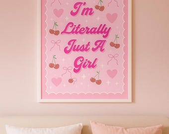 Poster Je ne suis qu&#39;une fille, art mural esthétique coquette, décoration rose de l&#39;an 2000, impression cerise et noeud, décoration de chambre girly mignonne