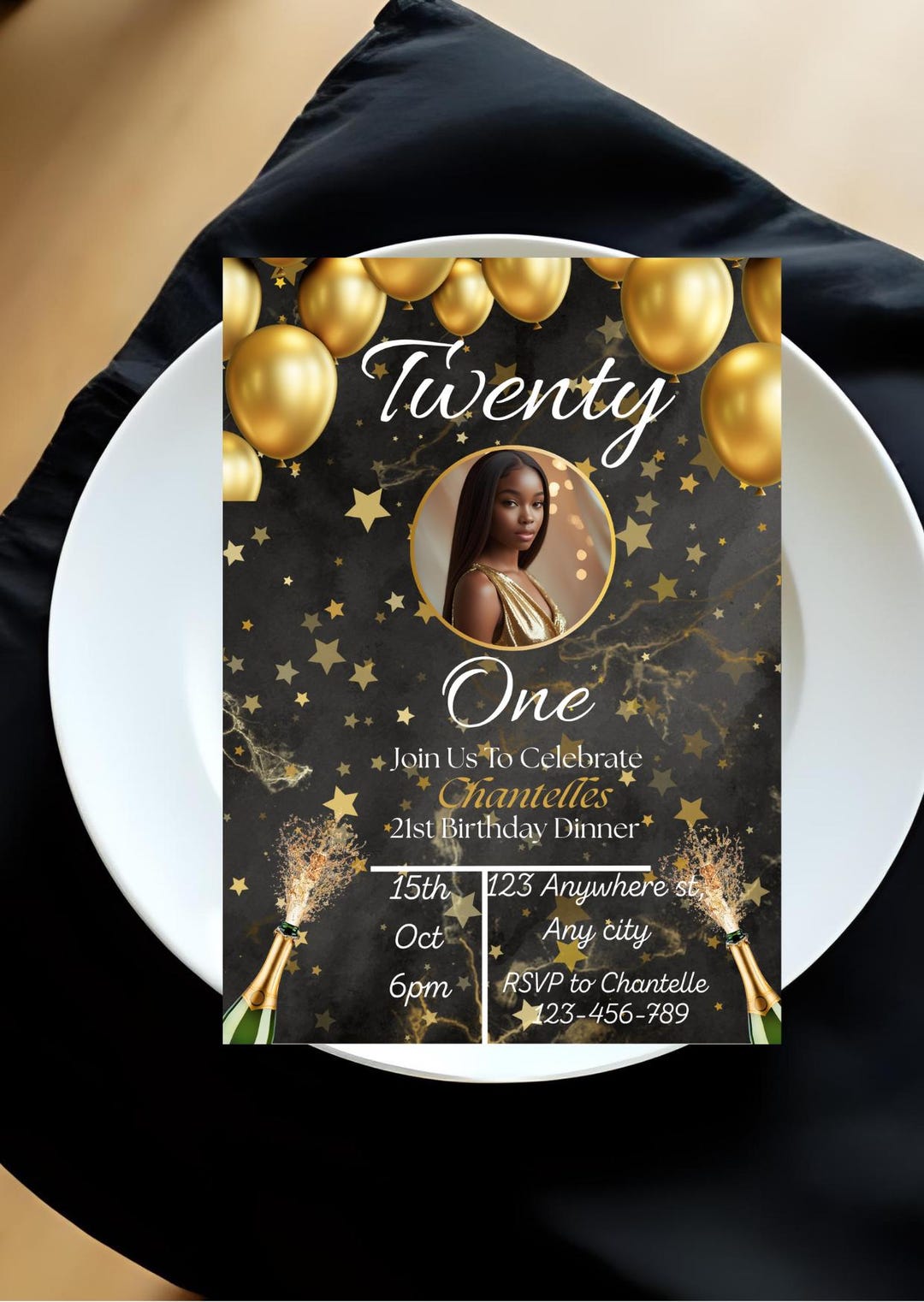 Editable 21st Birthday Invitation Template – Gold & Black Elegant ...