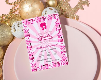 Faire-part d&#39;anniversaire rose modifiable de style Barbie – Modèle canva personnalisable