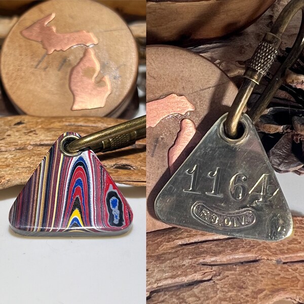 Fordite (Corvette) & Fisher Body Tool Tag Keychain