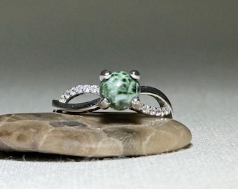Isle Royale Greenstone Ring – Size 5.75 – 6mm Michigan Chlorastrolite Sterling Silver Ring – CZ Accent Ring – Michigan State Gemstone