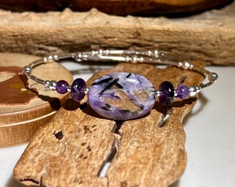 Charoite Purple Sterling Silver Memory Wire Bracelet Adjustable